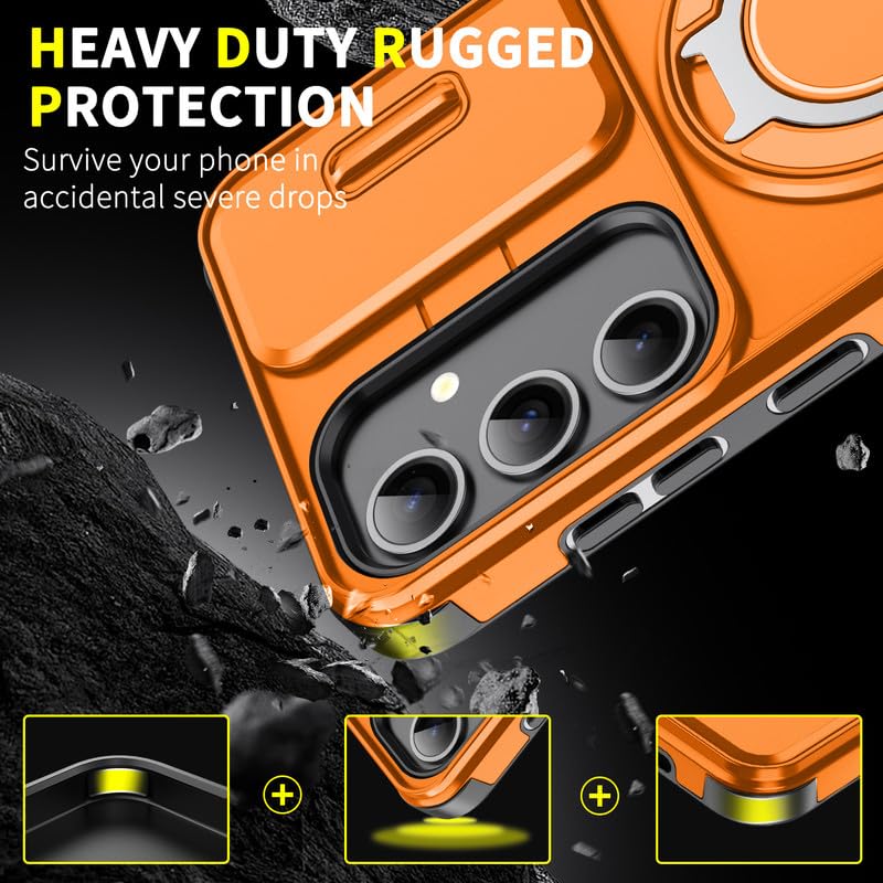 Image of LuxuryKase Shockproof Rugged Case for Samsung Galaxy S24 Plus | Slide Camera Cover | 360 Rotating Ring Kickstand | Military-Grade Protection - Sunset Orange