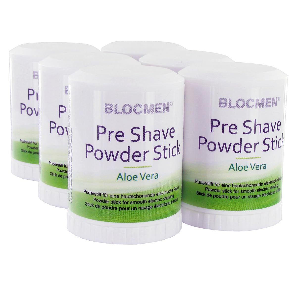 BLOCMEN Aloe Vera Rasurpuderstift 6x 60g für schonende Trockenrasur ohne Hautirritationen - Pre-Shave Powder Stick mit Aloe & Menthol für Männer