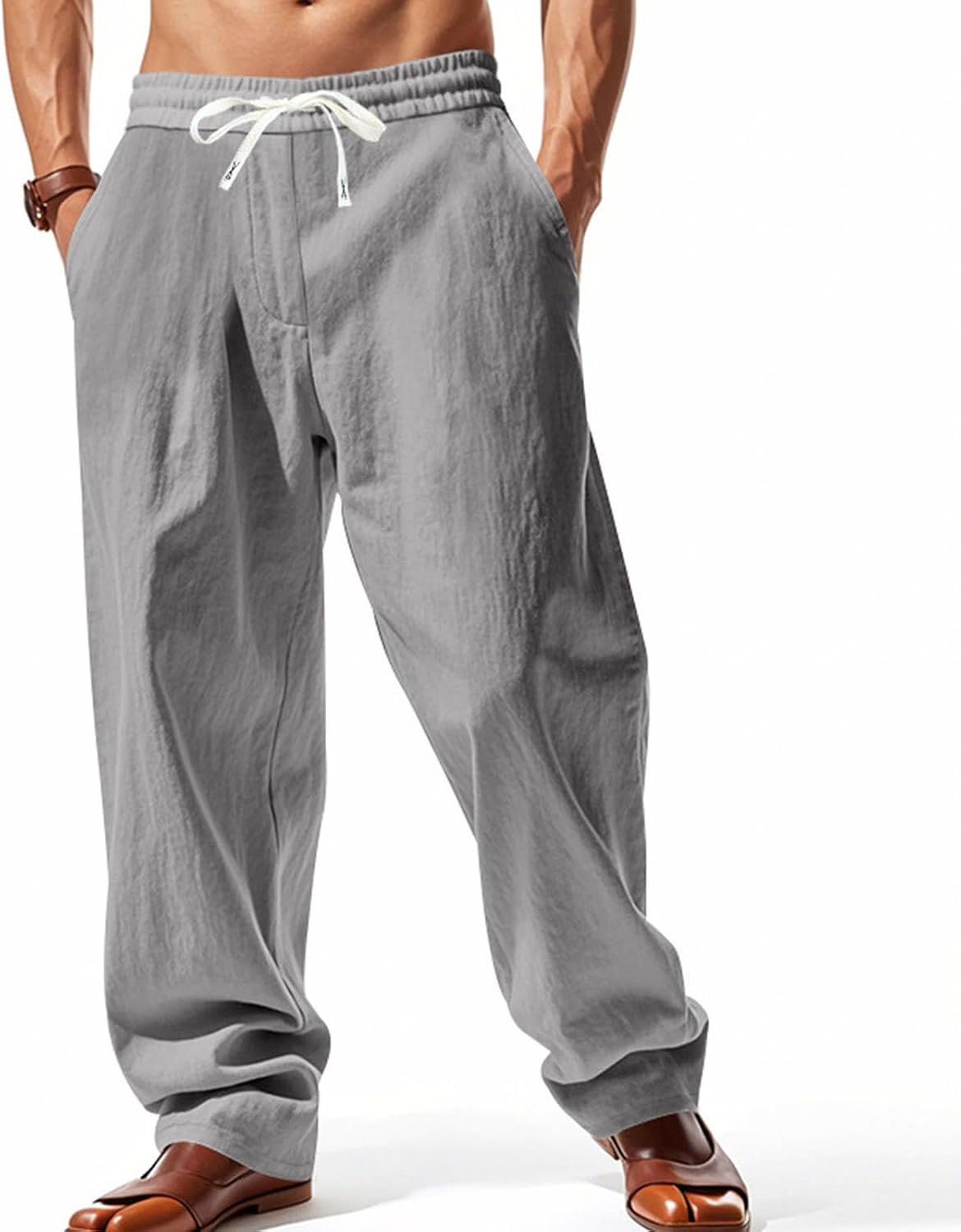 Zhyaj Baggy Linen Pants Men Elastic Waist Drawstring Casual Loose Fit Wide Straight Leg Summer Lightweight Vacation Pants