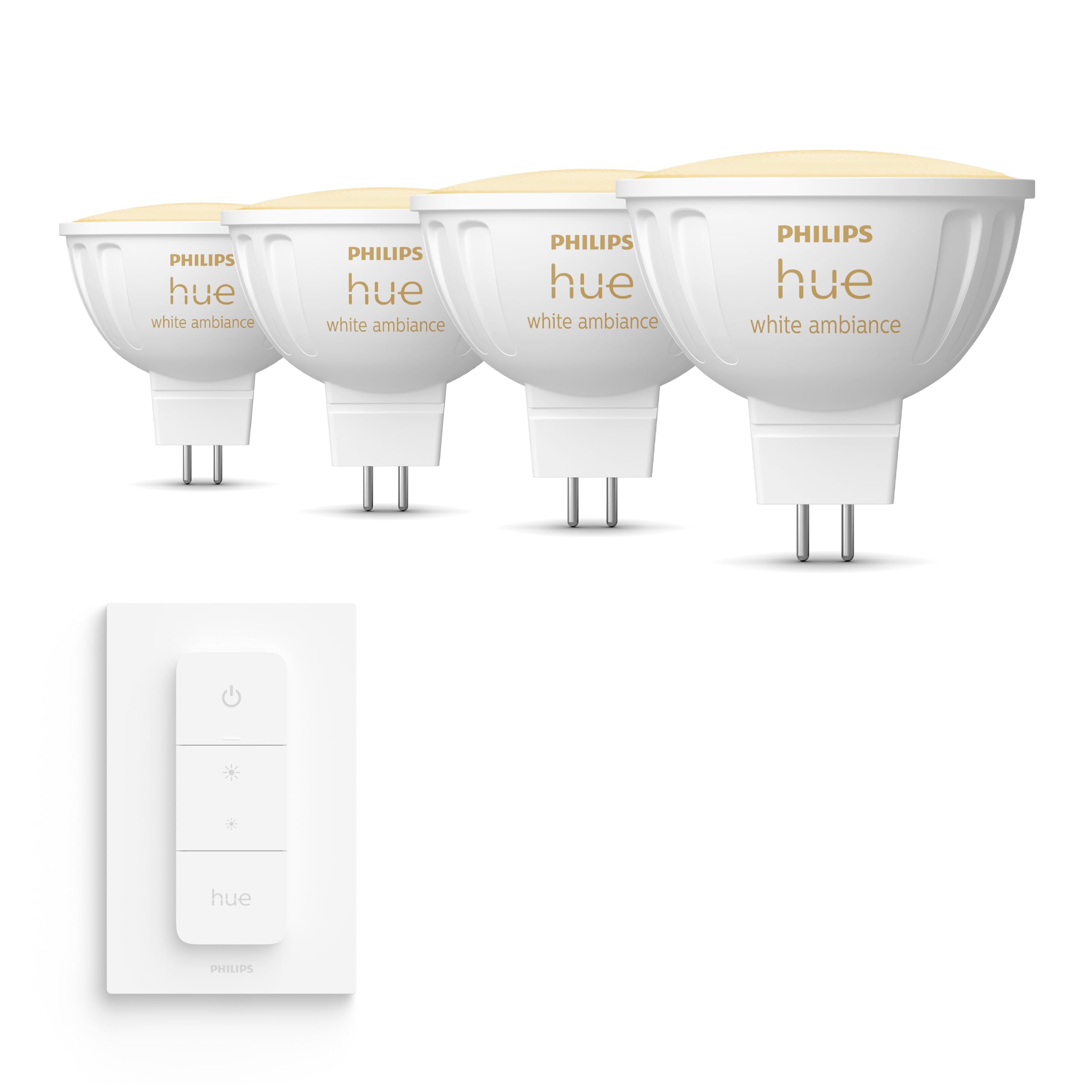 Philips Hue Conjunto Pack - GU5.3-4 Bombillas LED para focos (MR16) - 12V - Luz blanca cálida a fría - incl. Hue Regulador de intensidad - Hue White Ambiance