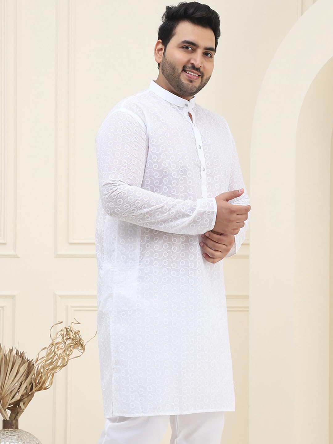 Sojanya Plus(Since 1958) Men's 100% Cotton White Chikankari Kurta