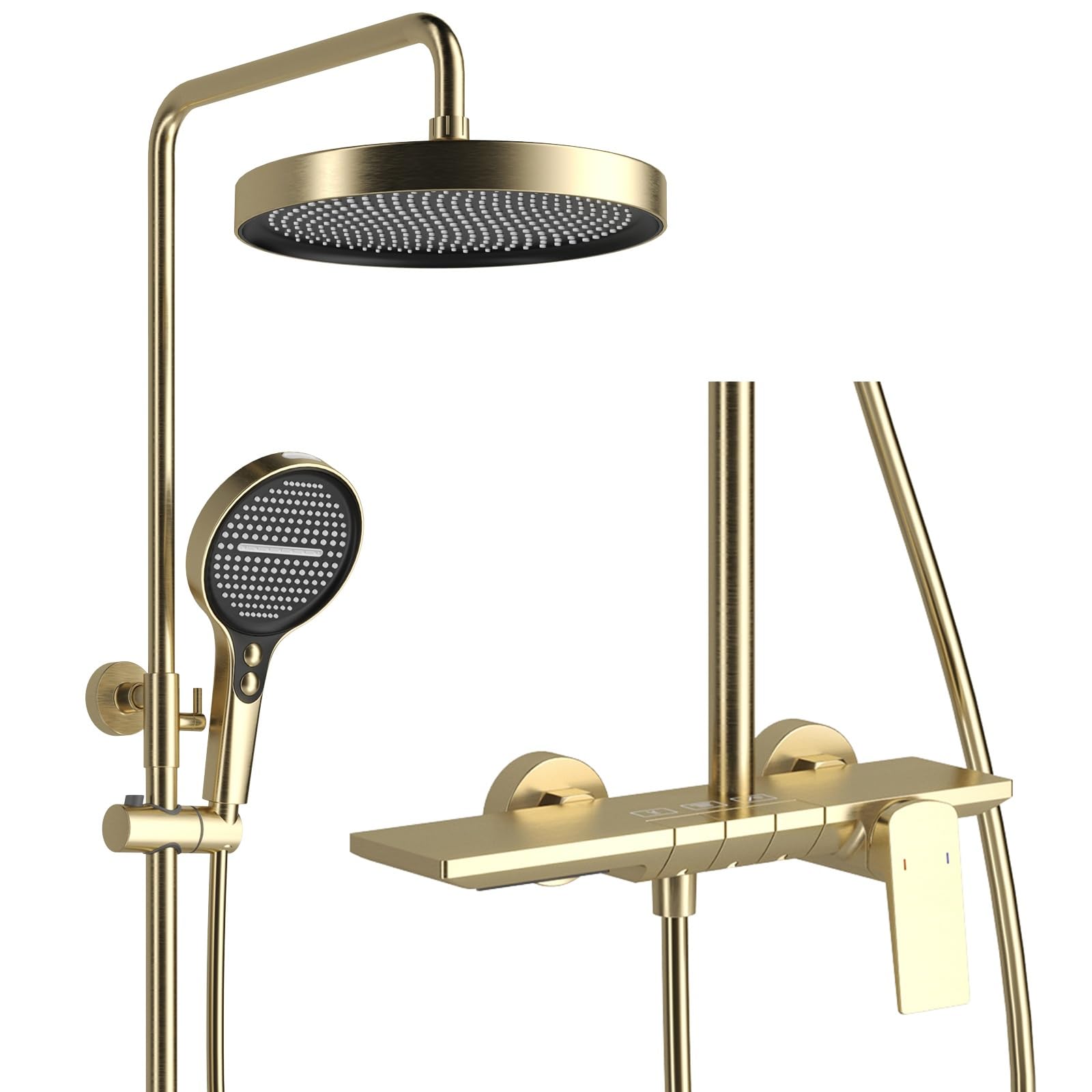 Oro Cepillado Columna Ducha con Grifo, Columna de Ducha for Bañera Monomando Sistema de Ducha lluvia Altura Ajustable Set de Ducha con 32.5cm Cabezal, 4 Modos Ducha Mano