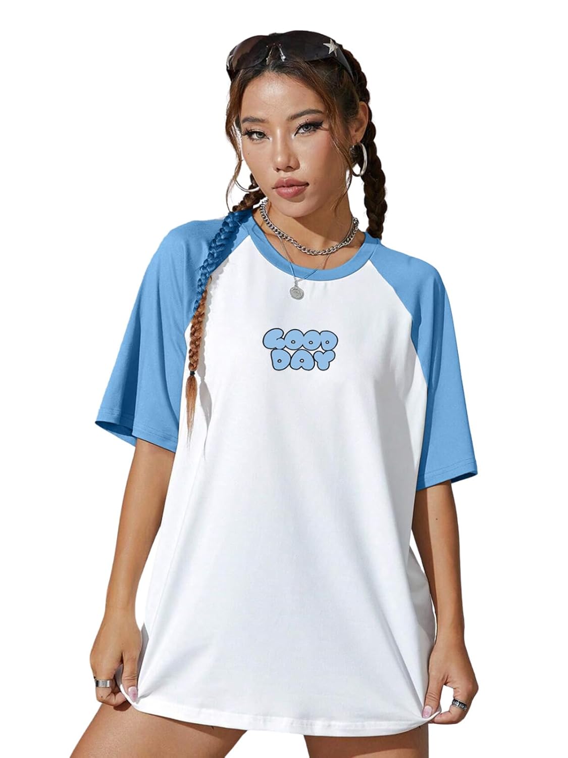 JUNEBERRY® 100% Pure Cotton Oversized Fit Drop Shoulder Graphic Printed Raglan Sleeves Boyfriend T-Shirt for Women (Sizes: S to 2XL) JUNEBERRY® 100% Pure Cotton Oversized Fit Drop Shoulder Graphic Printed Raglan Sleeves Boyfriend T-Shirt for Women (Sizes: S to 2XL)