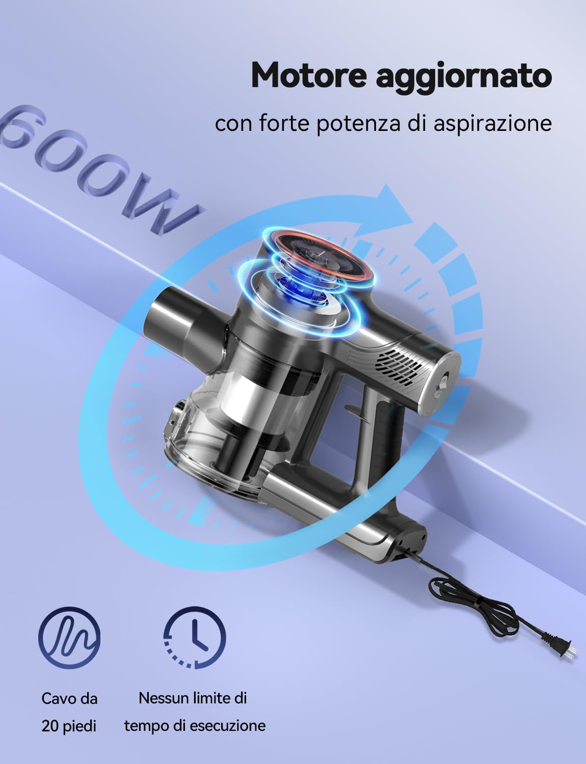 YISORA Aspirapolvere con Filo, Scopa Elettrica con filo 6 in 1 Aspirapolvere e Aspira Briciole, 23kPa 600 W, Lunghezza Cavo 6m, Senza sacco, per Pavimenti duri, tappeti, peli di Animali Domestici (I8