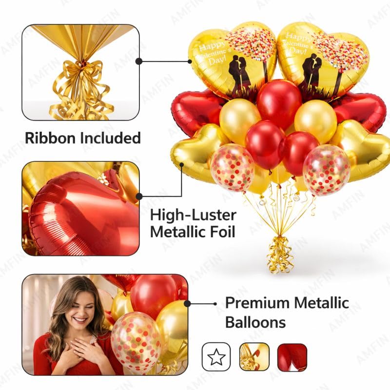 Image of AMFIN (Pack of 14) Happy Valentine's Day Balloon Decoration Set | Romantic Heart Foil Bouquet Metallic Helium Bunch Proposal Anniversary Celebration Party Decor - Golden