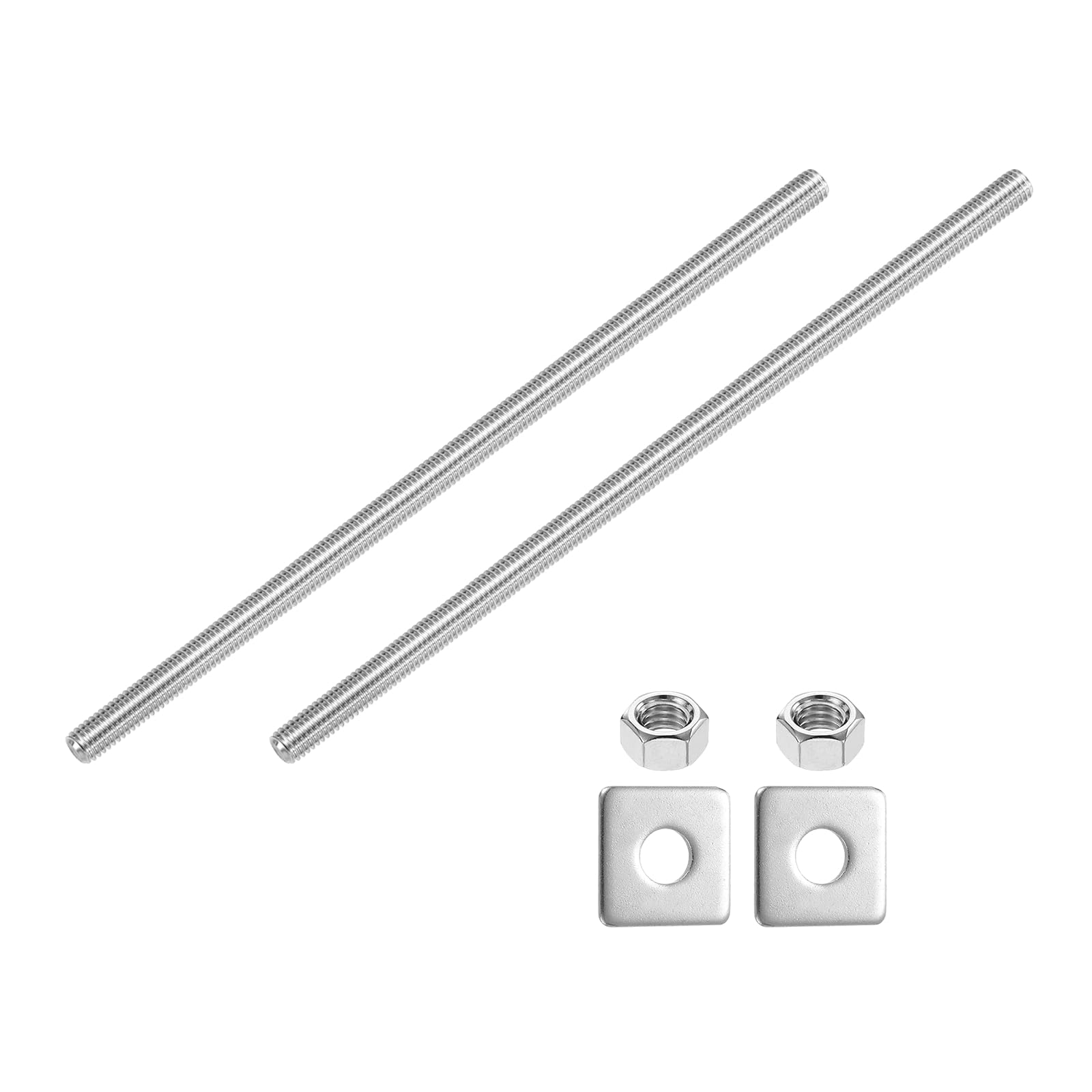 sourcing map 3/8"-16 UNC Fully All Threaded Rod, 2 Pcs 304 Stainless Steel Long Threaded Screw 250mm/9.8" Length Right Hand with Square Washers for Furniture Mounting Assembly Fastening