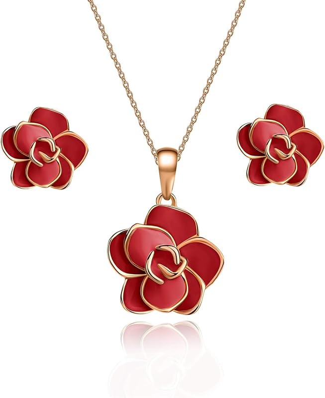 Conjunto de aretes y collar con flores de rosas para mujer, conjuntos de joyas hipoalergénicas chapadas en oro de 18 quilates
