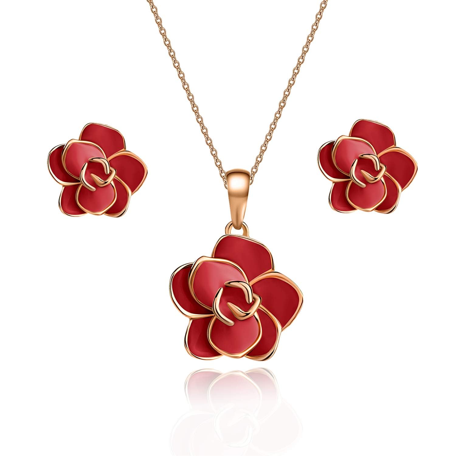 EVEVIC Rose Flower Necklace Earrings Set for Women 18K Gold Plated Hypoallergenic Jewelry Sets