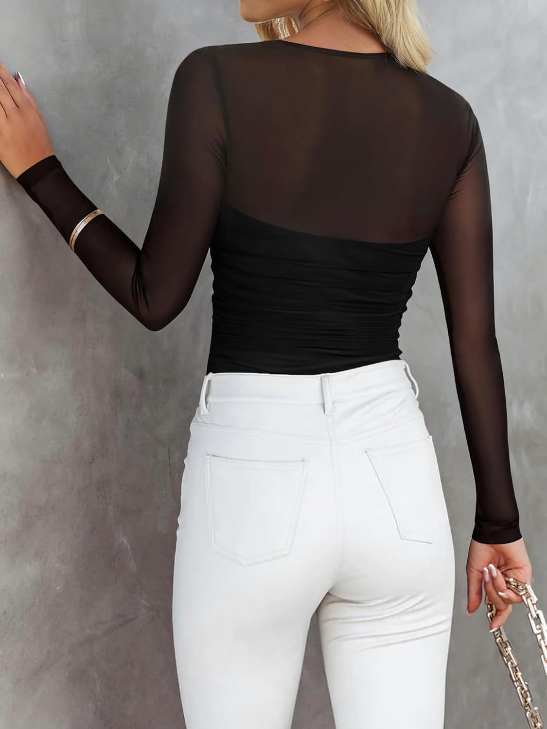 Chunpin Women's Square V Neck Mesh Bodysuit Long Sleeve Mesh Tops Outfits Sexy Bodysuits - Image 6