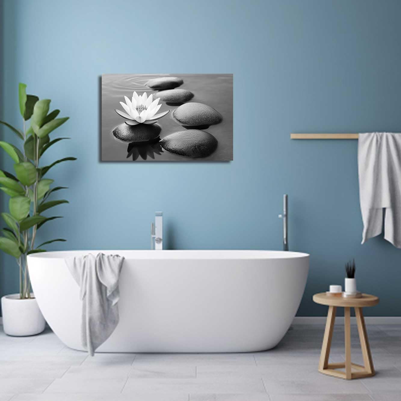 BJYCHG Zen Pictures for Bathroom Black White and Gray Bathroom Wall Art Zen Stone and Lotus Flower Canvas Prints Water Artwork for Spa Room Decor Frame (16L x 20W)