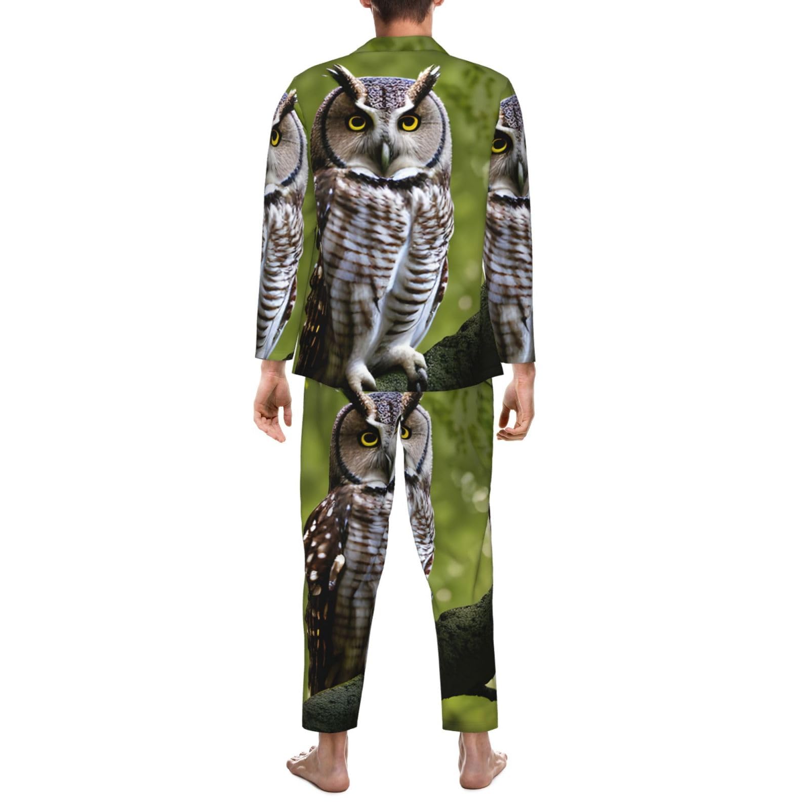 Herren-Pyjama-Set, langärmelig, Eulenmotiv, Hauskleidung, bequeme Nachtwäsche, Nachtwäsche