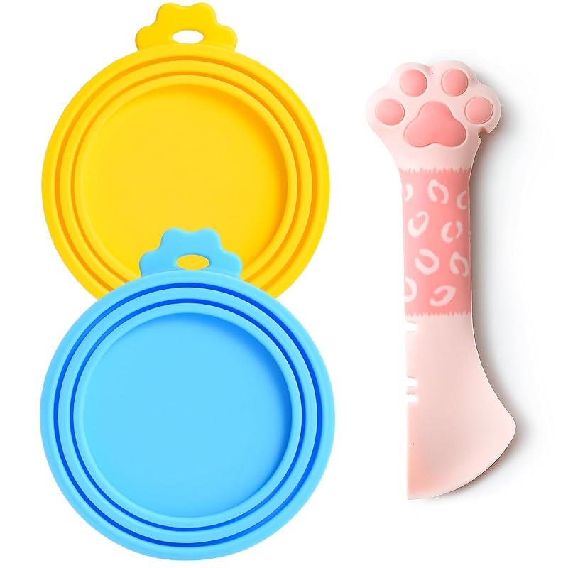 Tampas de Silicone para Latas e Colher Multiuso para Ração Úmida de Gatos Comtim Azul e Amarela, Pacote com 3