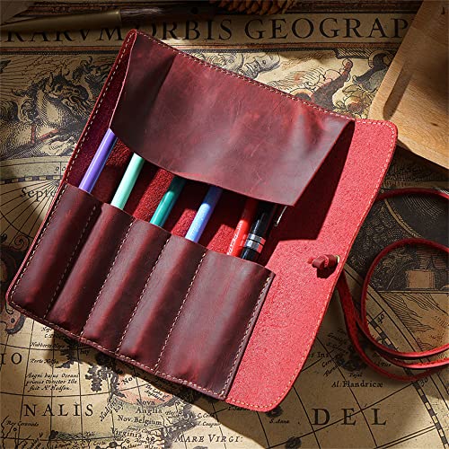 Image of Vintage Genuine Leather Pencil Roll - Pencil Storage Case /Pouch Organizer Handmade (Red)