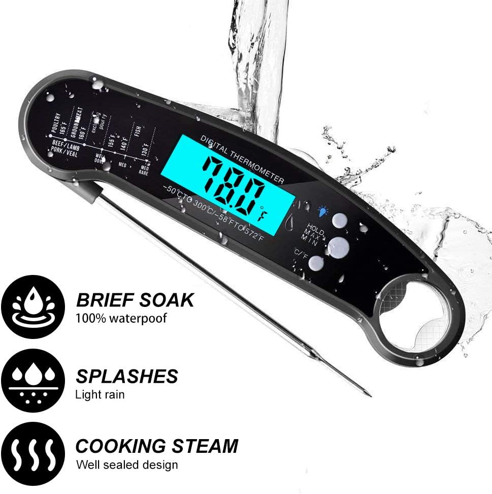 review sinotron Instant Read Meat Thermometer, Digital Thermometer with Backlight & Calibration, Waterproof Ultra Fast Food Thermometer with Long Probe for Kitchen, Outdoor Cooking, BBQ, Grill, Candy (Black)