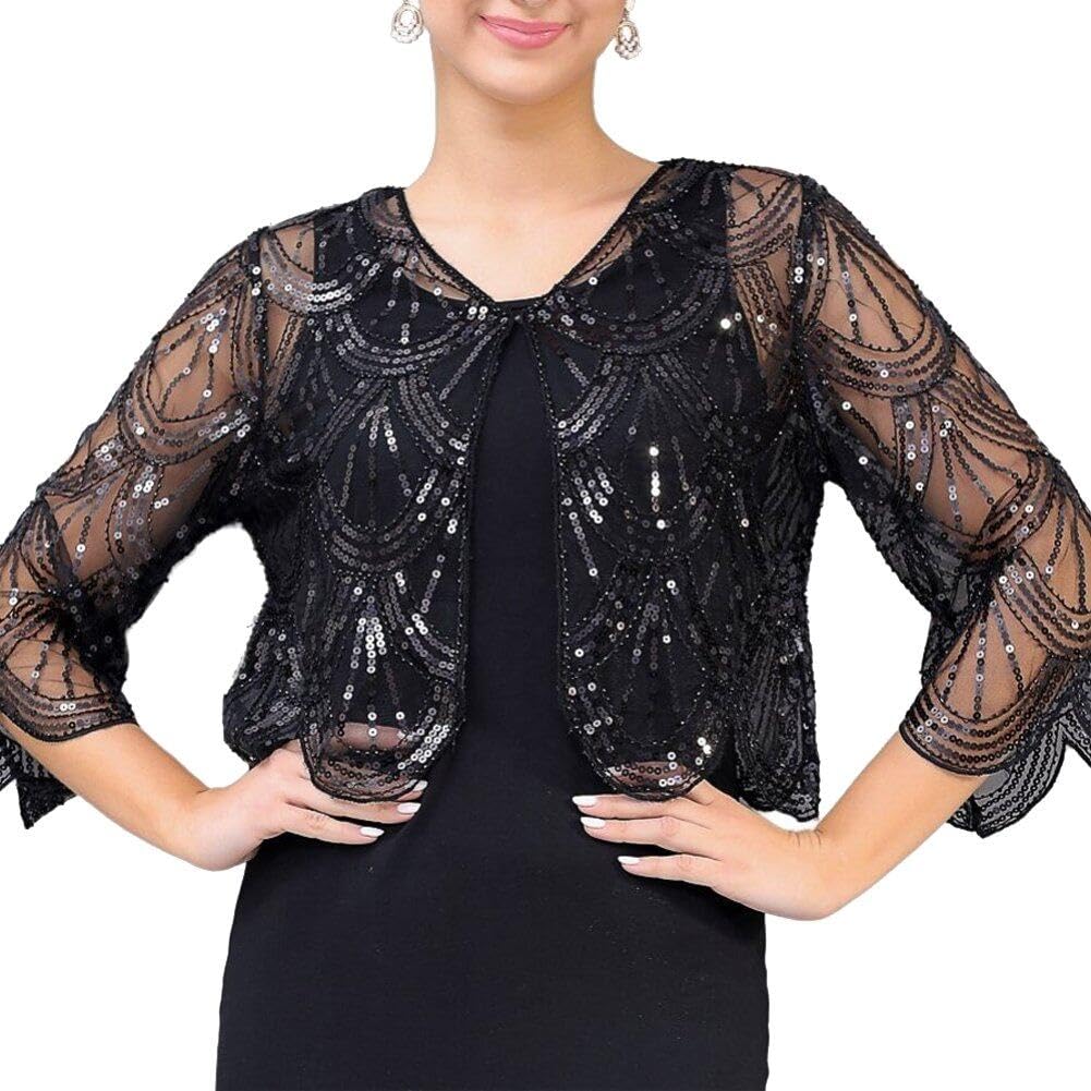 Sanfly Women's1920s Sequin Shawl Wraps Beaded Evening Cape Bridal Shrug Vintage See-through 20s Party Shawl