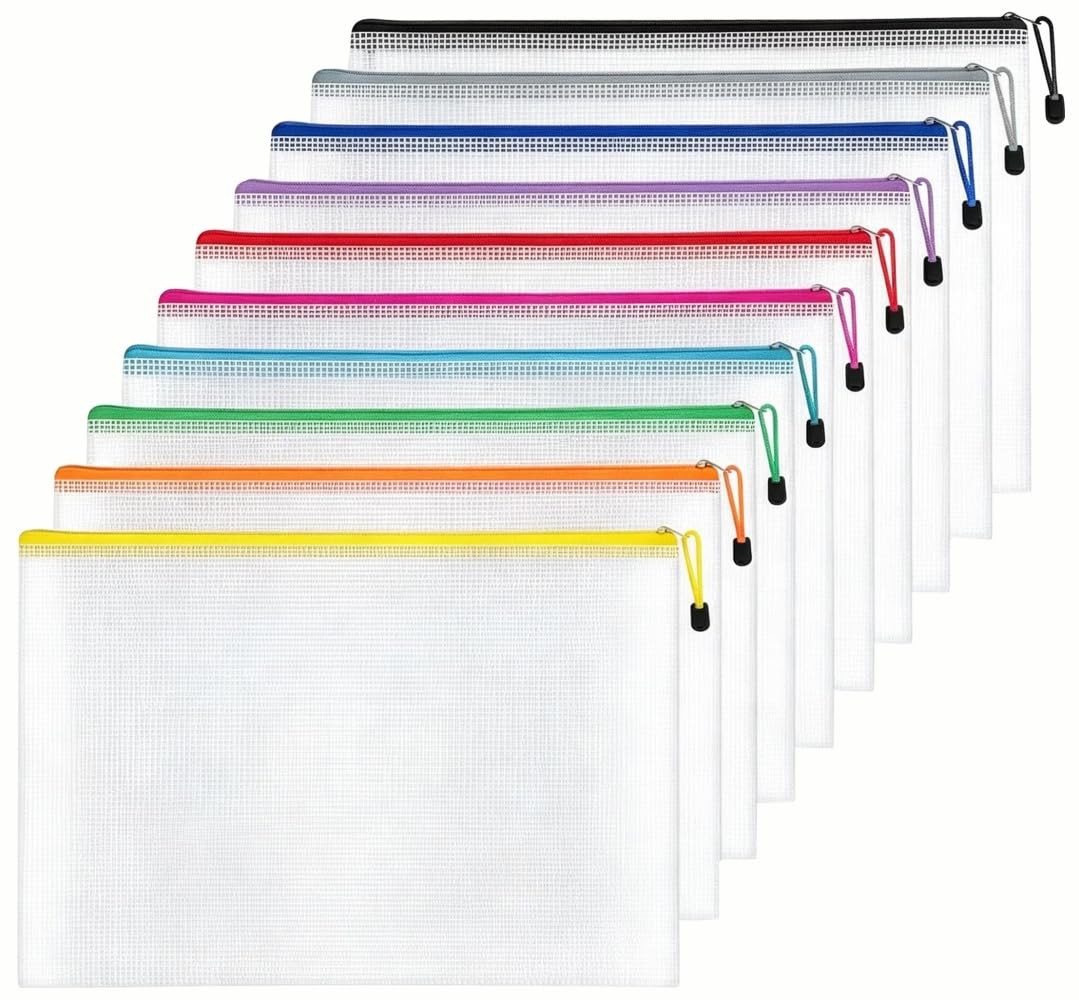 10Pcs Plastic Wallet A4 File Folder Zip Lock Bags Document Wallet File Zipper Bags in 10 Colors (A4-10Pcs)