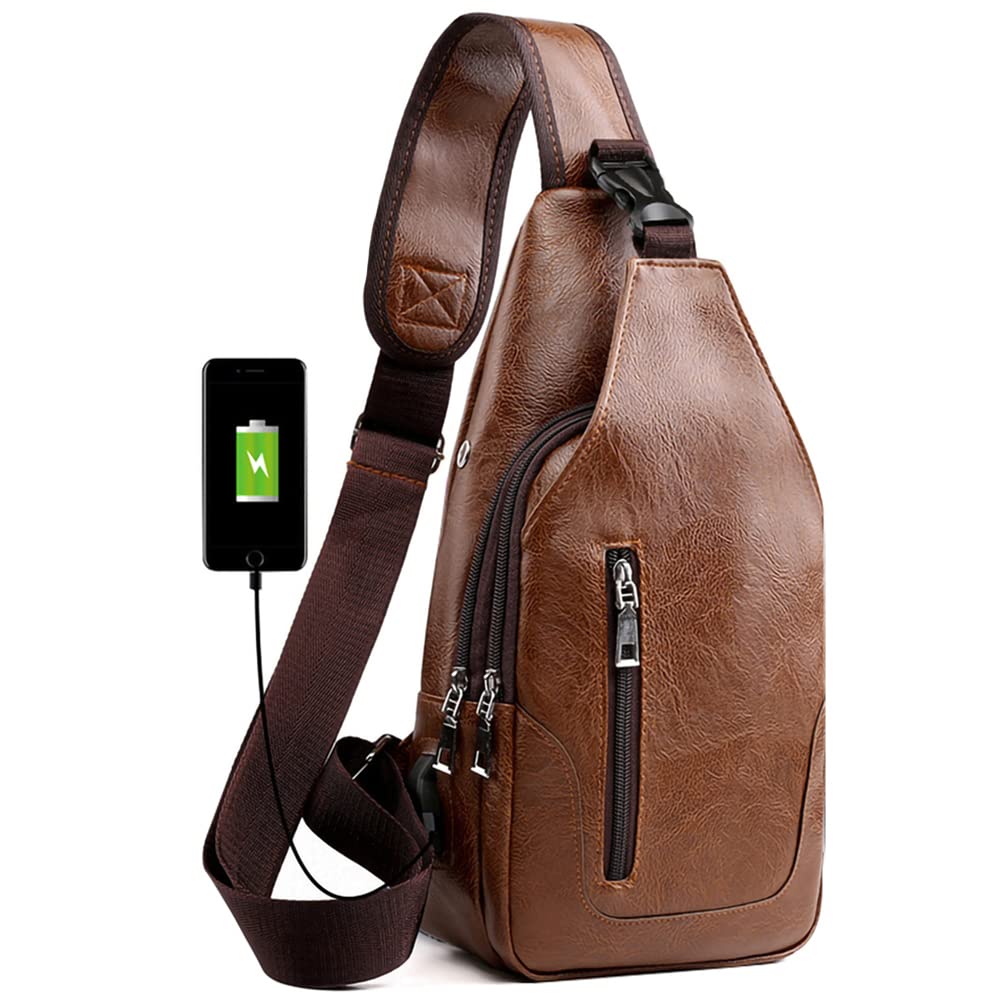 Peicees Leather Sling Bag Mens Crossbody Bag Chest Bag Sling Backpack for Men with USB Charge Port