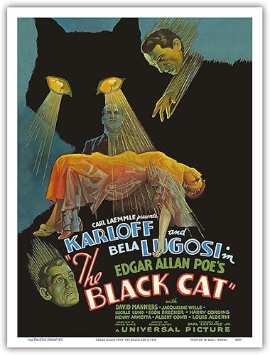 El gato negro de Edgar Allan Poe - Protagonizada por Boris Karloff, Bela Lugosi - Póster de película vintage c.1934 - Impresión artística maestra de