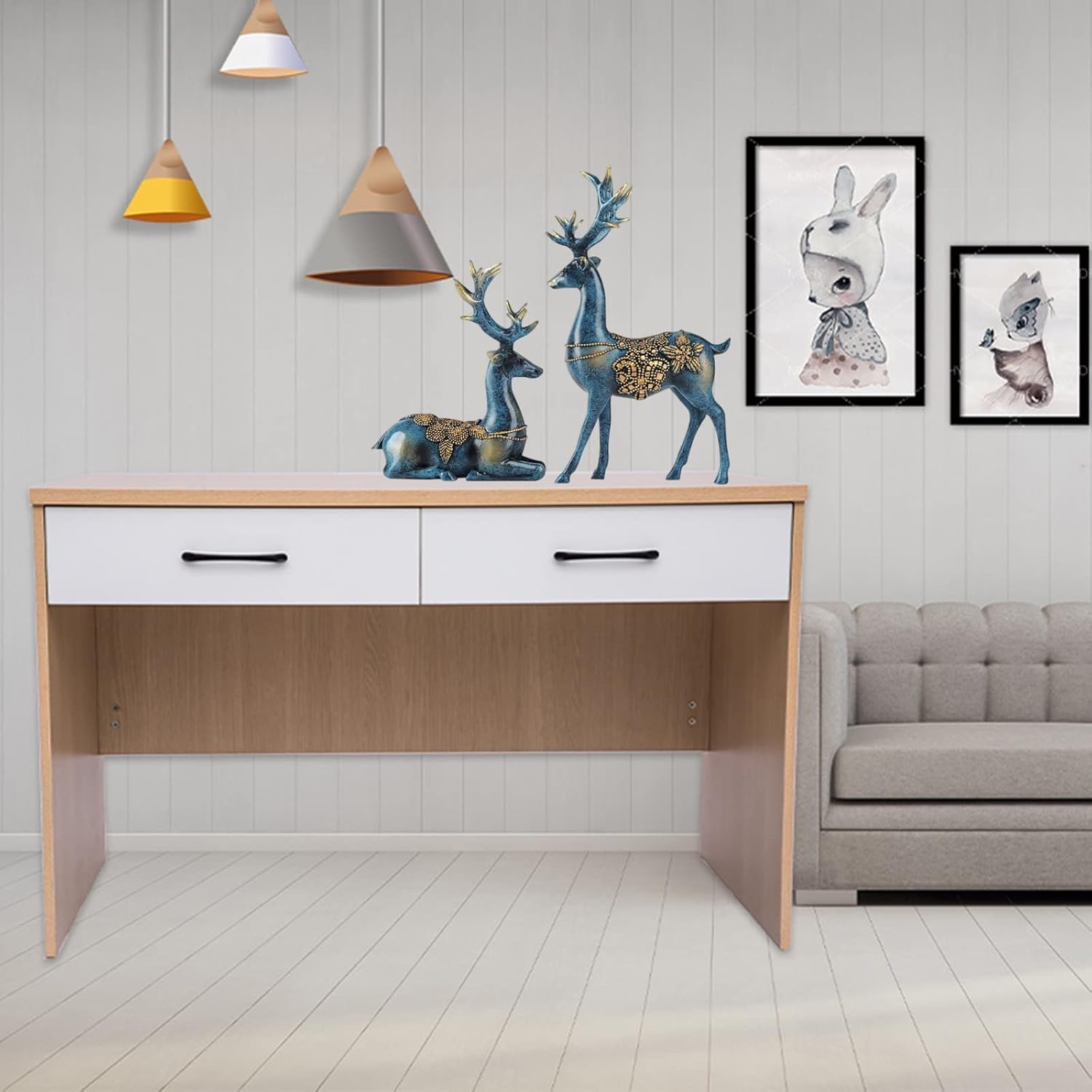 2 figuras de reno de Navidad, esculturas de reno de resina de pie y sentado para centros de mesa de Navidad, suministros de decoración del hogar de vacaciones (azul, talla única)