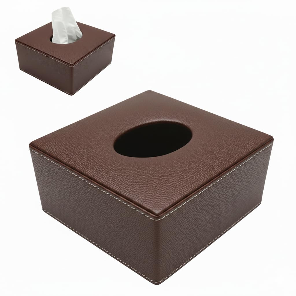 Square Leather Tissue Box Holder, Tissue Box Cover for Desk Accessories, Tissue Holders Decorative Square Tissue Box Tissue Holders for Bathrooms Bedrooms Living Room (Pack of 01) (Brown)-image-9