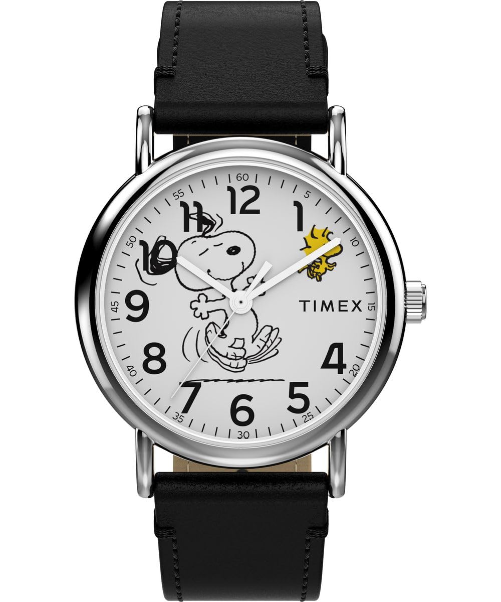 Timex Men's Peanuts x Weekender Snoopy Dancing 38 mm Watch - Black Leather Strap with White Dial and Silver-Tone Case TW2Y31000