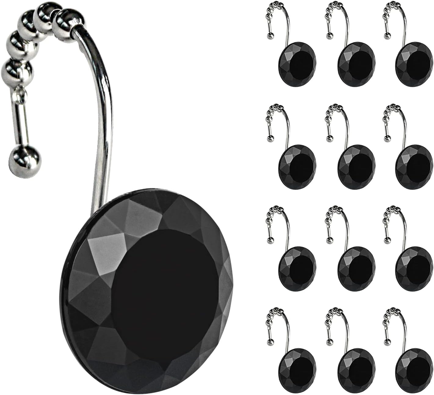 Sunlit Luxury Design Round Black Diamond Crystal Gem Bling with Glide Balls Shower Curtain Hooks, Rust Proof Metal Rhinestones Glam Shower Curtain Rings-12 Pack