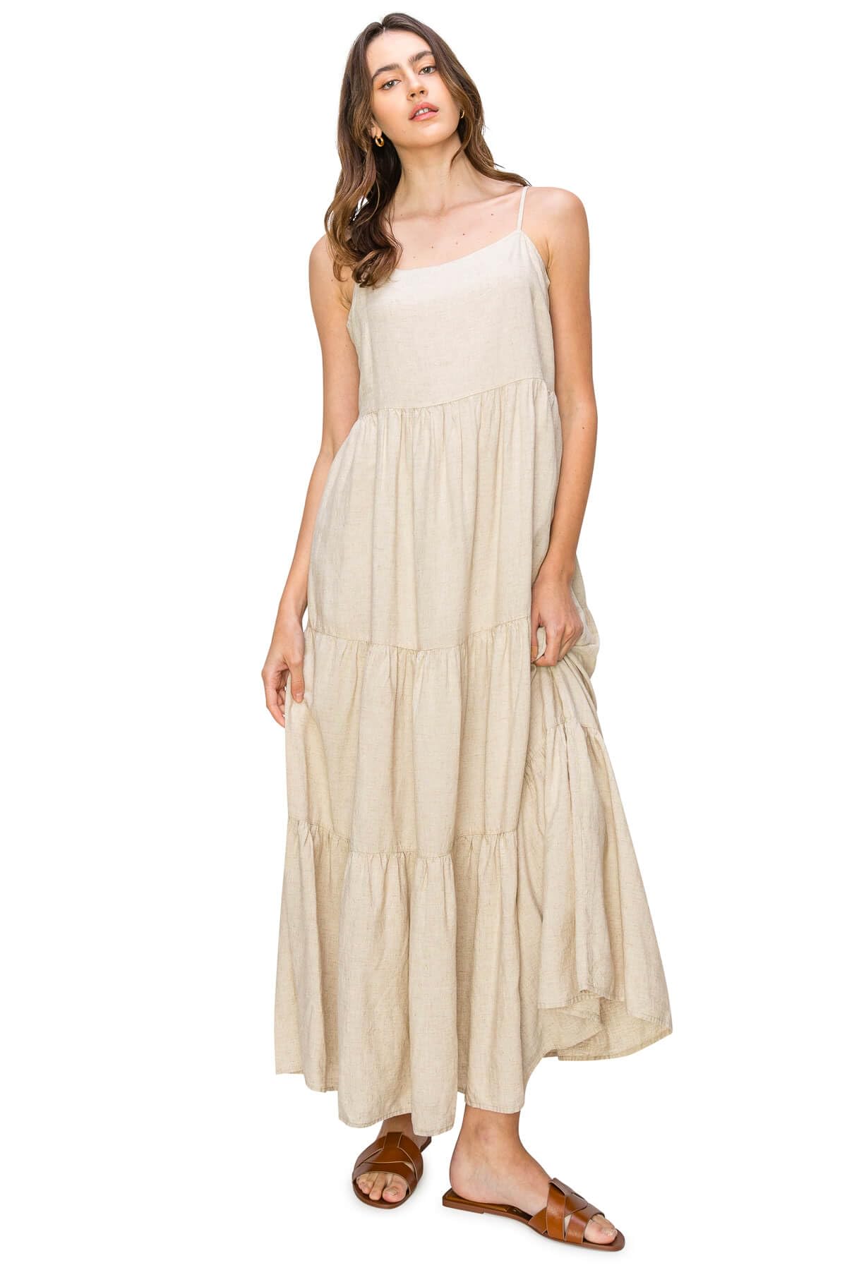 Cali1850 Women's XS~XL Lined Tiered Sleeveless Linen Flare Maxi Dress with Adjustable Spaghetti Strap