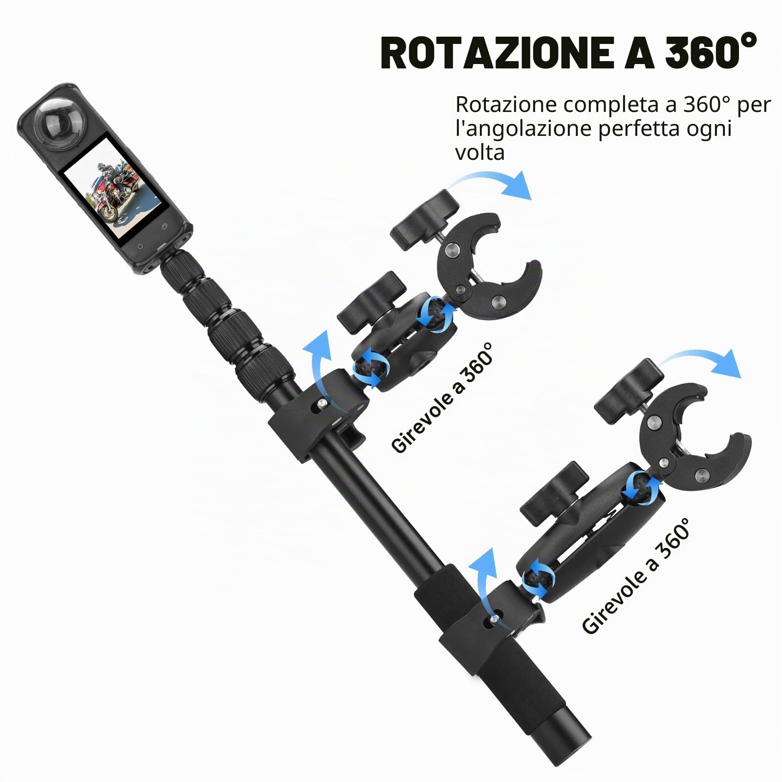 BRDRC Supporto per moto per Insta 360 X4 X5, supporto di serraggio per manubrio di bicicletta, kit di bastone per selfie invisibile da 150 cm per Insta360 X5 X4 X3 X2 X One, per DJI OSMO 360, per