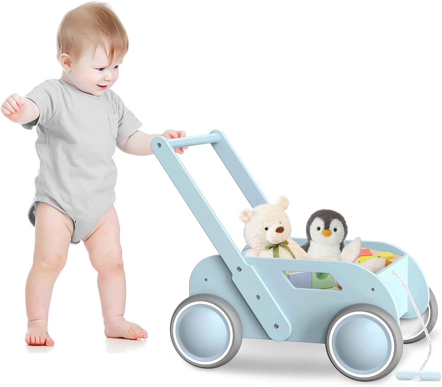 Wooden Baby Walker, Push and Pull Learning Walking Toys for Babies Infants to Toddler, Walker with Wheels for Boys Girls, Gift for Birthday Christmas, Sky Blue