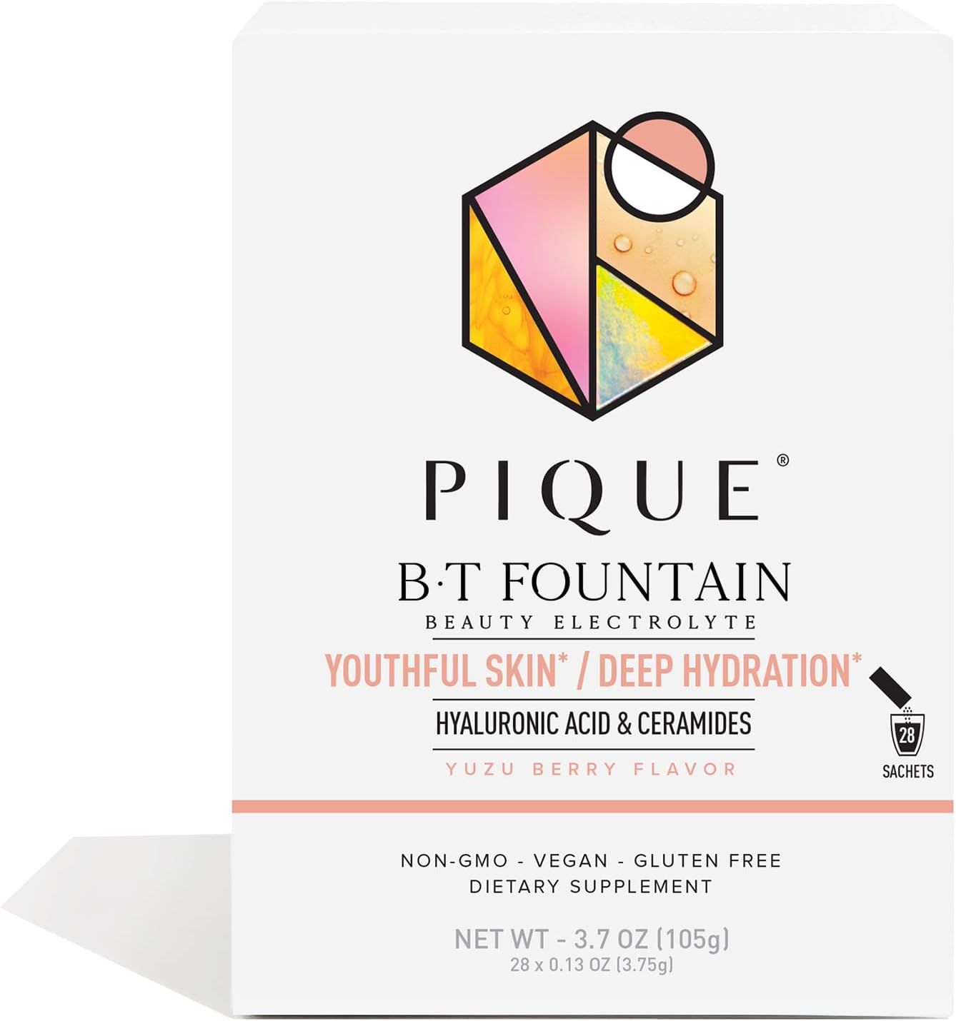 PIQUE BT Fountain Beauty Electrolyte Powder - Hydration Powder Packets with Hyaluronic Acid, Ceramides, Magnesium for Hydrated, Elastic Skin - No Added Sugar - 28 Single Serve Sticks (Pack of 1)