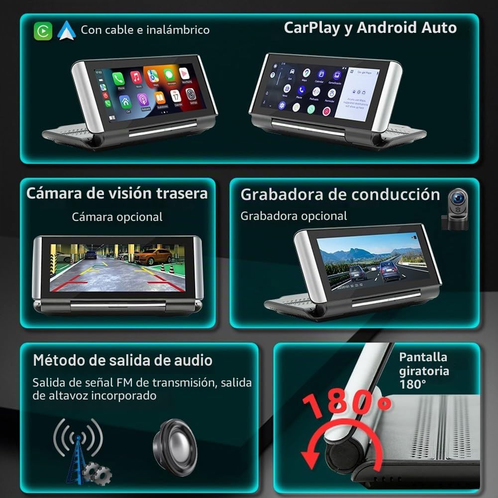Pantalla abatible portátil ajustable para coche, de 6.86 pulgadas, inalámbrica, CarPlay, Android, pantalla de navegación táctil, fácil de instalar