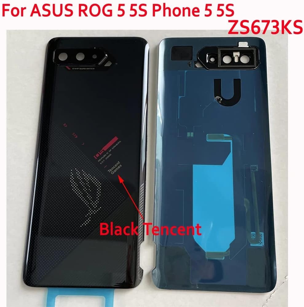 SHOWGOOD for 6.78" Asus ROG Phone 5 5S ZS673KS Glass Panel Back Battery Cover Housing Door Lid + Camera Lens (Black Tencent Logo)
