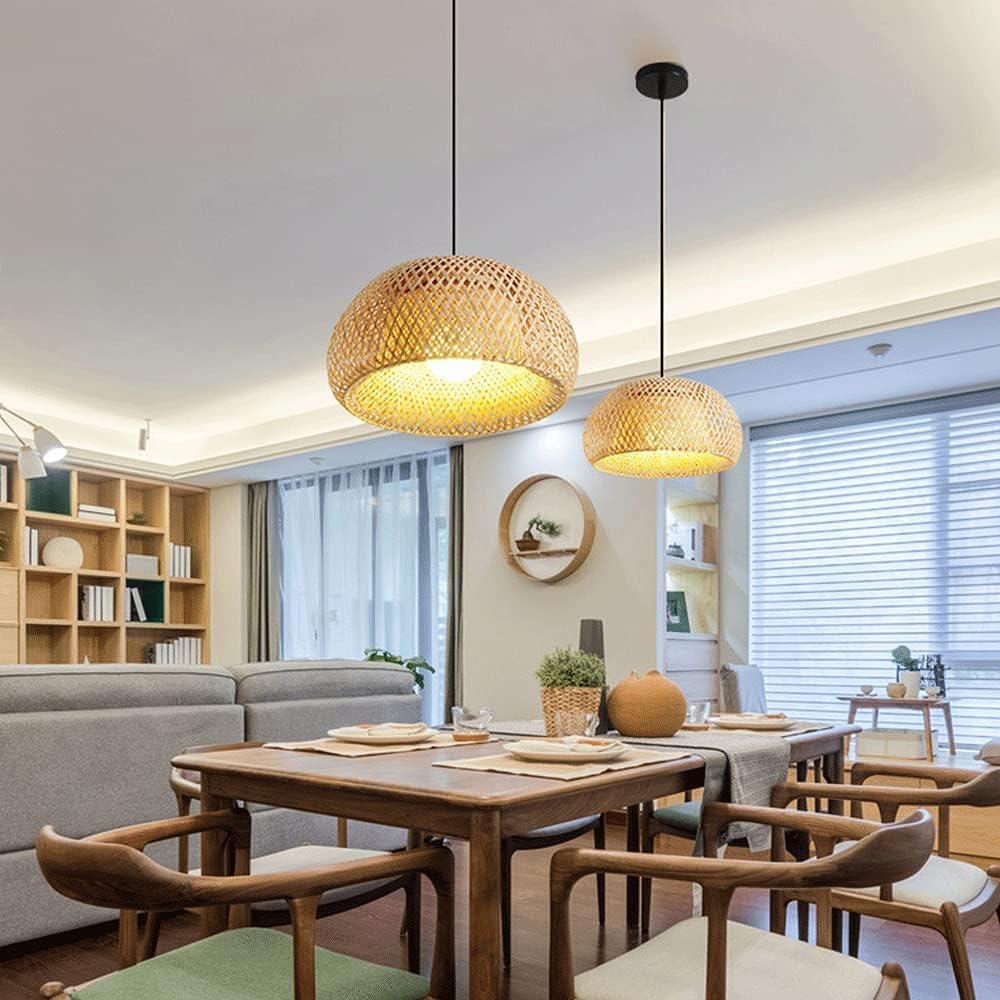 Lampadario in vimini beige, paralume intrecciato a nido d'uccello, lanterna in stile pastorale in cesto di bambù, lampada a sospensione da soffitto, lampade in rattan