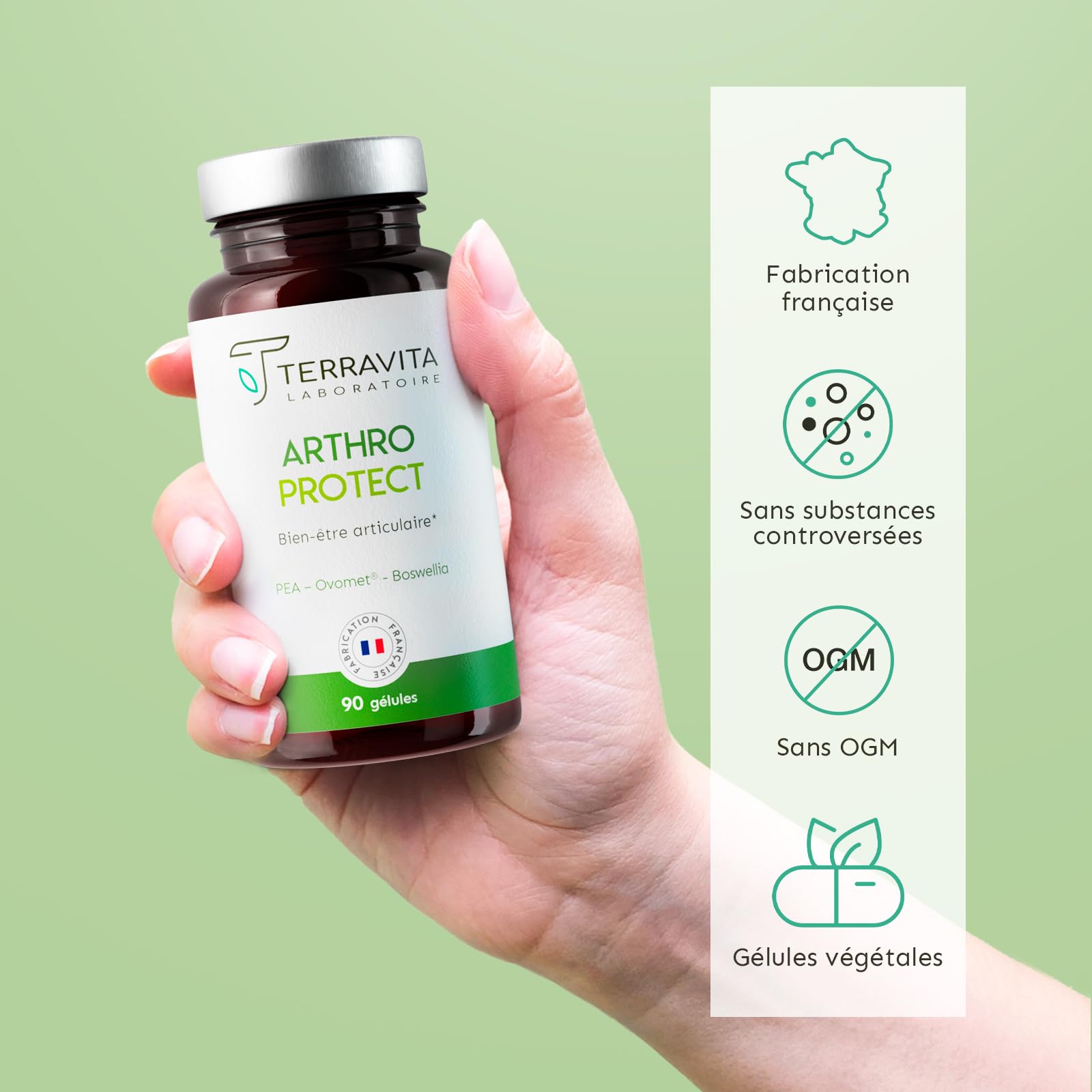 Arthro Protect | Formule Articulation avec PEA + Ovomet (Glucosamine, Chondroïtine, Collagène, MSM) + Boswellia | Soulage et Protège les Articulations | 90 Gélules Vegan | Made in France | Terravita
