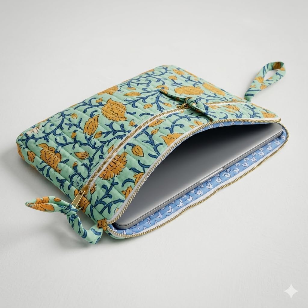 Vibrant Floral Handmade Block Print Quilted Laptop Bag – Protective Handcrafted Tech Sleeve with Stationery Compartment (Mint Blue, Fits 13 inch Laptop)