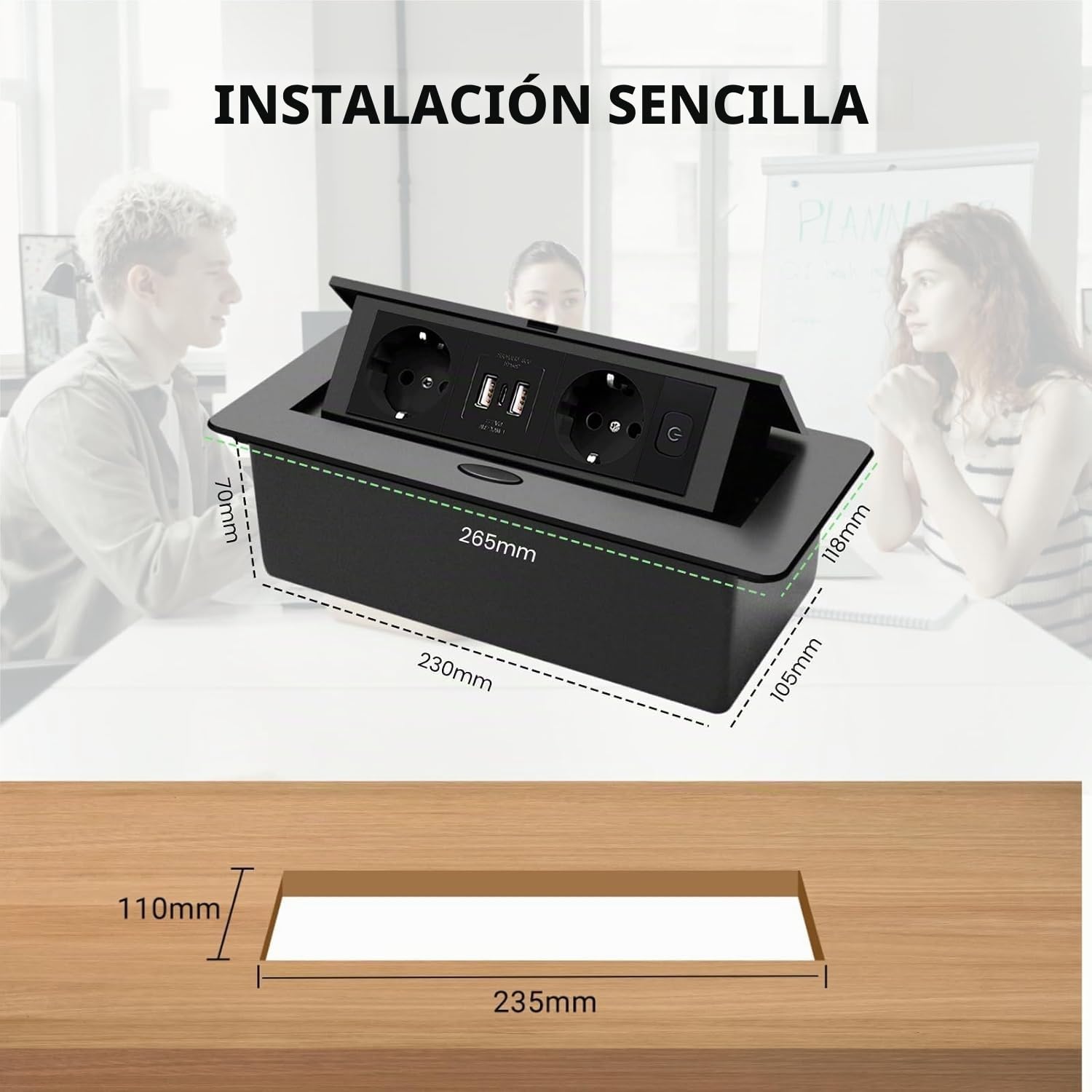 Regleta de enchufes, Escritorio emergente Oculto con 2 enchufes y 2 Puertos USB Caja de conexión Typec Negra