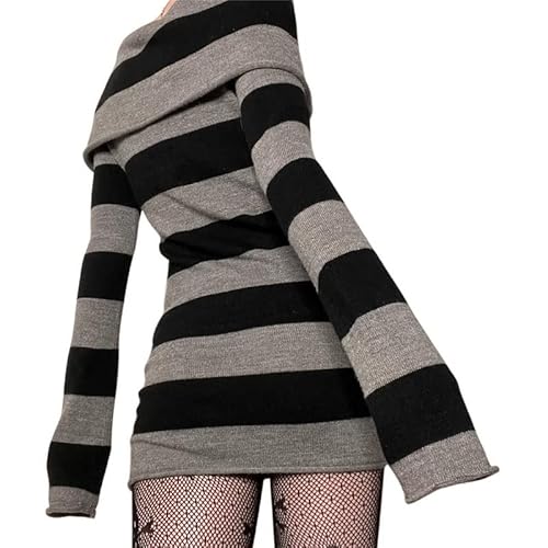 Women Off Shoulder Striped Knit Dress Y2K Punk Gothic Long Sleeve Pullover Sweater Dress Bodycon Mini Dress #TOP2