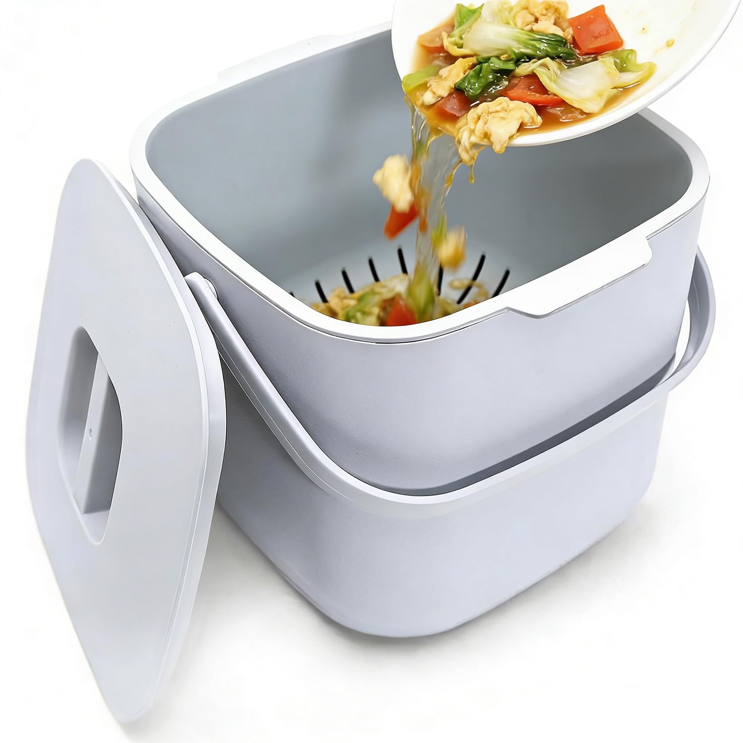 Xtrillogen 4L Kitchen Food Waste Bin,Countertop Small Compost Bin with Lid,Handle and Built in Strainer,Small Space Saving Design,Indoor Food Waste Caddy for Kitchen,Living Room,Bedroom(Gray)