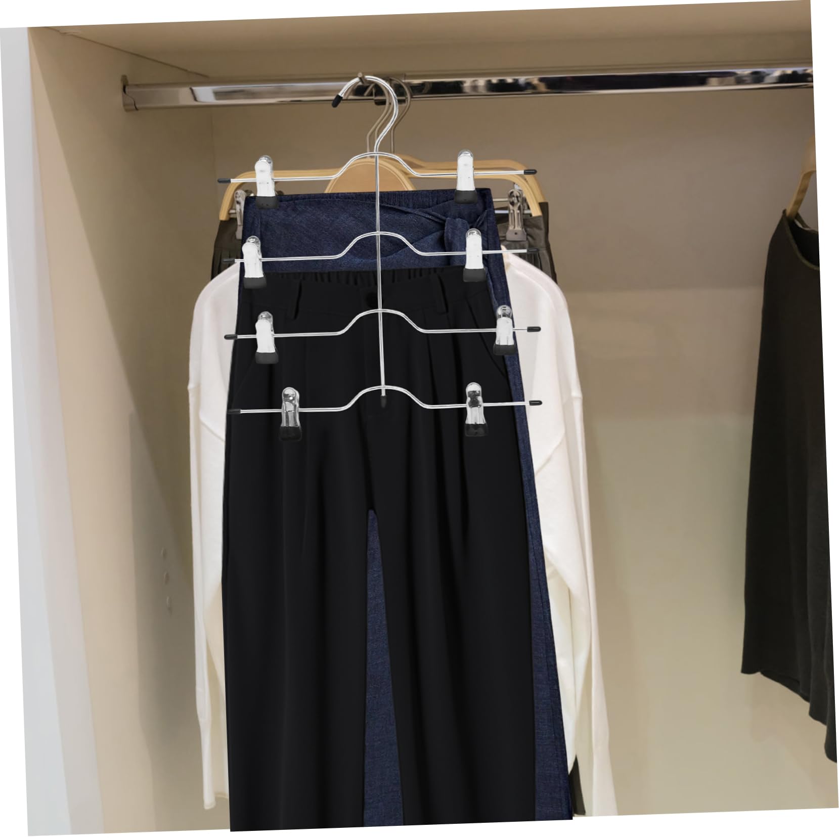 Cabilock Grucce Pantaloni con Clip, 4 Livelli, Acciaio ad Alto Manganese, Salvaspazio e Robusto, per Armadio, 4 Pezzi Nero