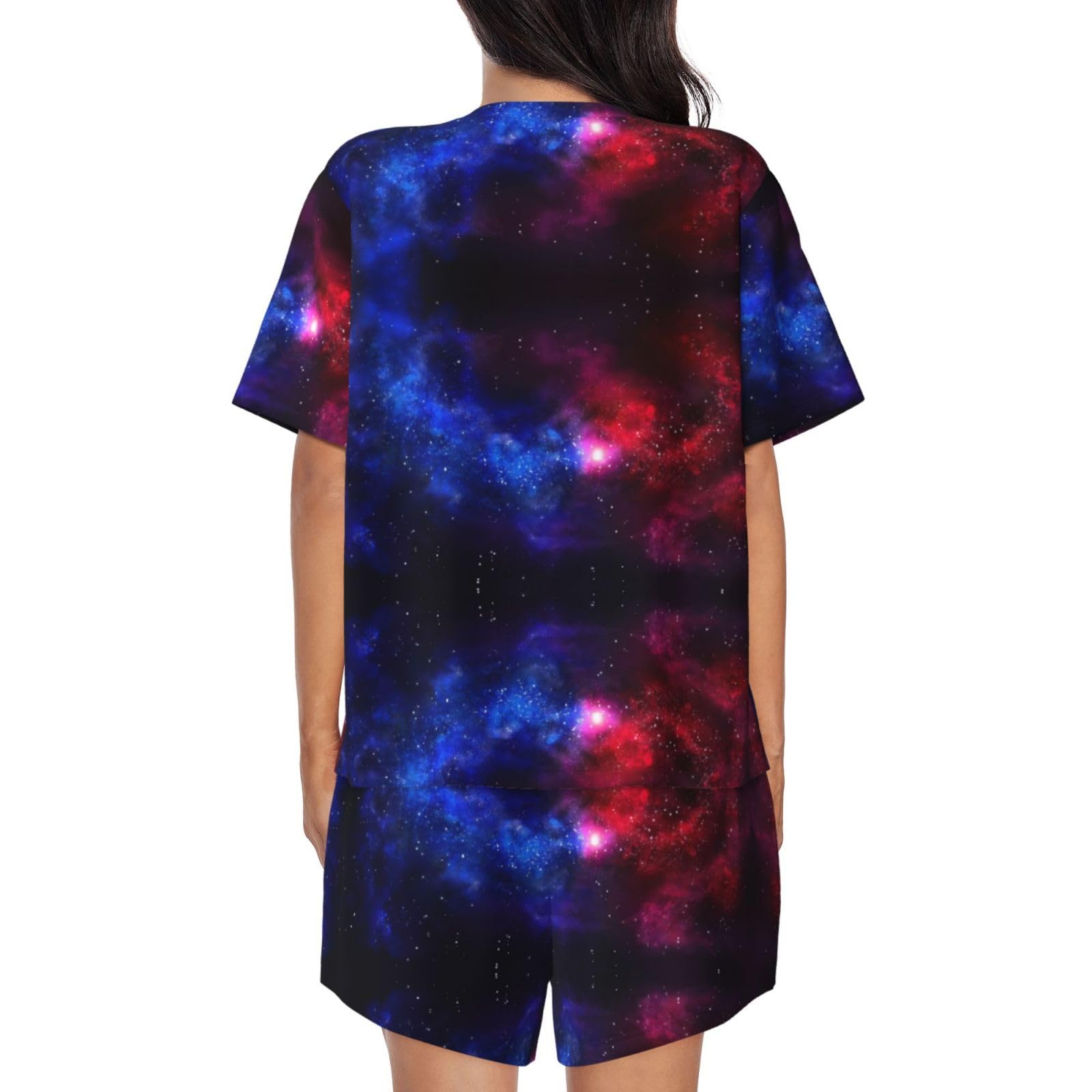 Conjunto de pijama de manga corta para mujer, pijama con estampado de galaxia roja y azul para otoño e invierno, ropa de descanso con botones, ropa casual