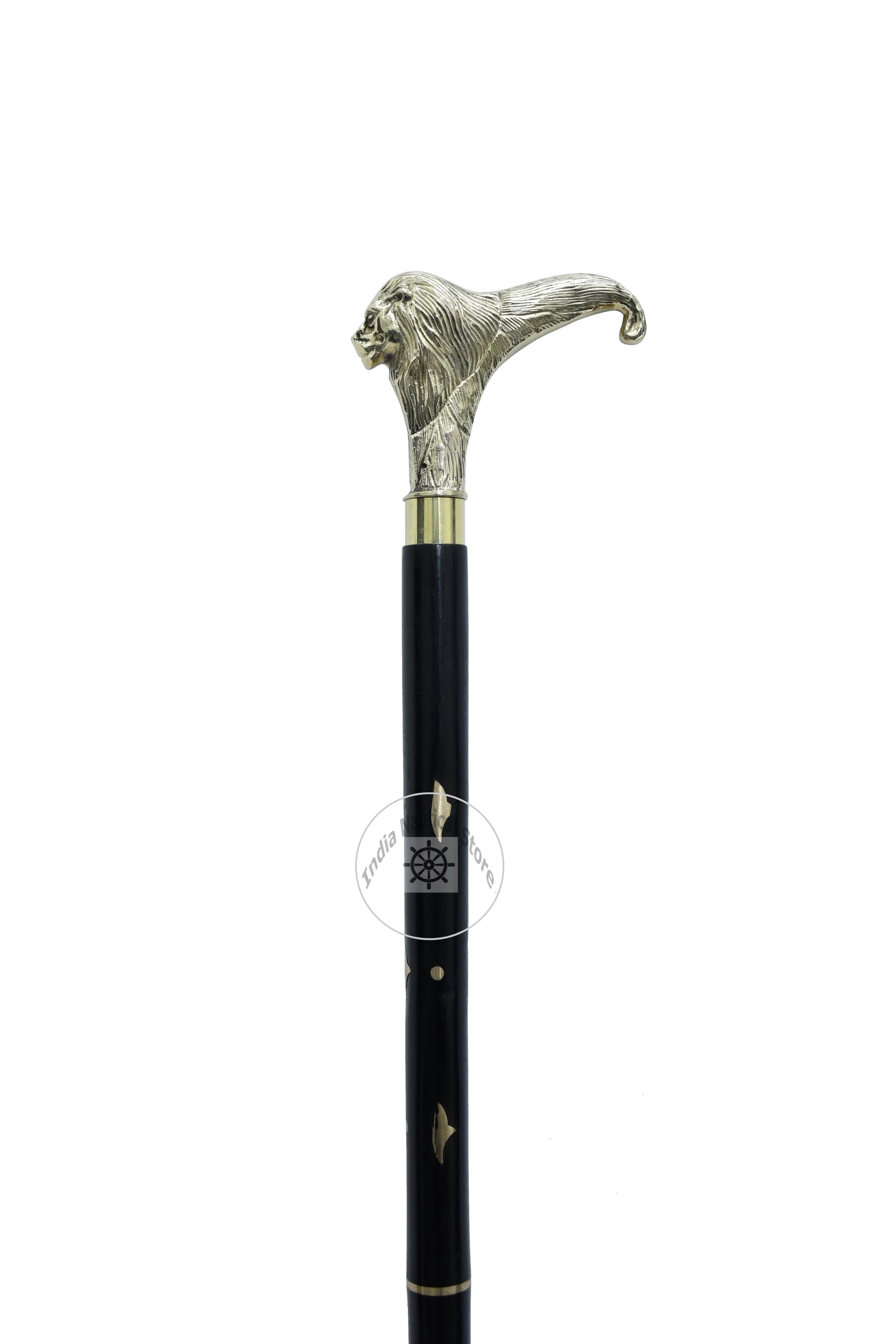 Alfiya Nautical 36″ Solid Brass Lion Head Handle Wooden Walking Stick | Vintage Design Cane with Comfortable Grip & Durable Support