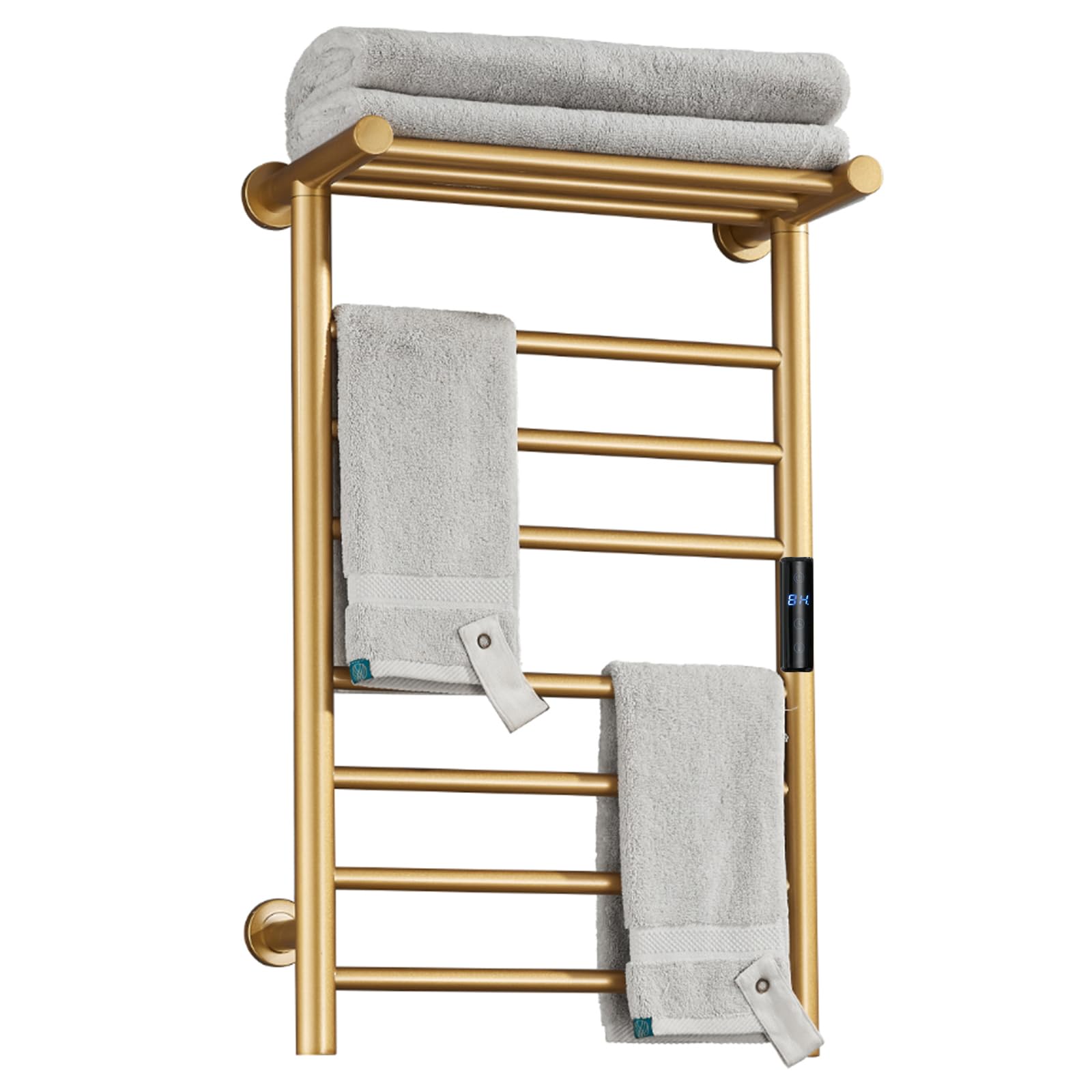 Radiateur Sèche-Serviette Électrique, Chauffe-Serviettes À 7 Barres Doré avec Étagère Supérieure, Porte-Serviettes Chauffant en Fibre De Carbone en Mural, 72 * 45 * 25cm (Plug in)
