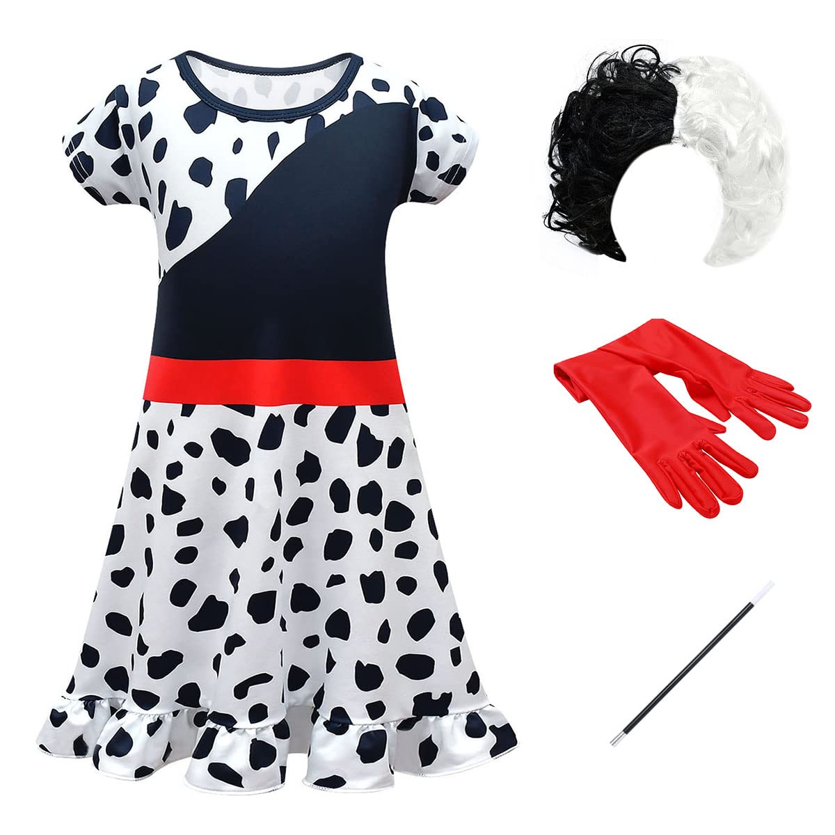 IBTOM CASTLE Kids Girls Cruella Deville Costume 101 Dalmatian Dog Dress Halloween Carnival Cosplay Fancy Dress Up Party Movie Character Birthday Gown Coat +Wig+Gloves+Cigarette Holder 4PCS Outfit