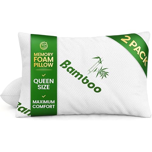 Memory Foam Pillows Queen Size Set of 2 - Cooling Bed Pillows for Sleeping - Back, Stomach, Side Sleeper Firm, Comfy Cool Shredded - 2 Pack, Rayon Derived from Bamboo
