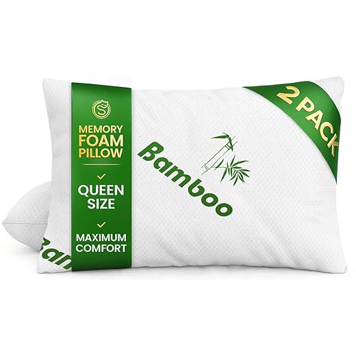Memory Foam Pillows Queen Size Set of 2 - Bamboo Cooling Bed Pillows for Sleeping for Back, Stomach and Side Sleeper - Firm Luxury Extra Comfy Cool Shredded Memory Foam 2 Pack Queen Pillows Sets