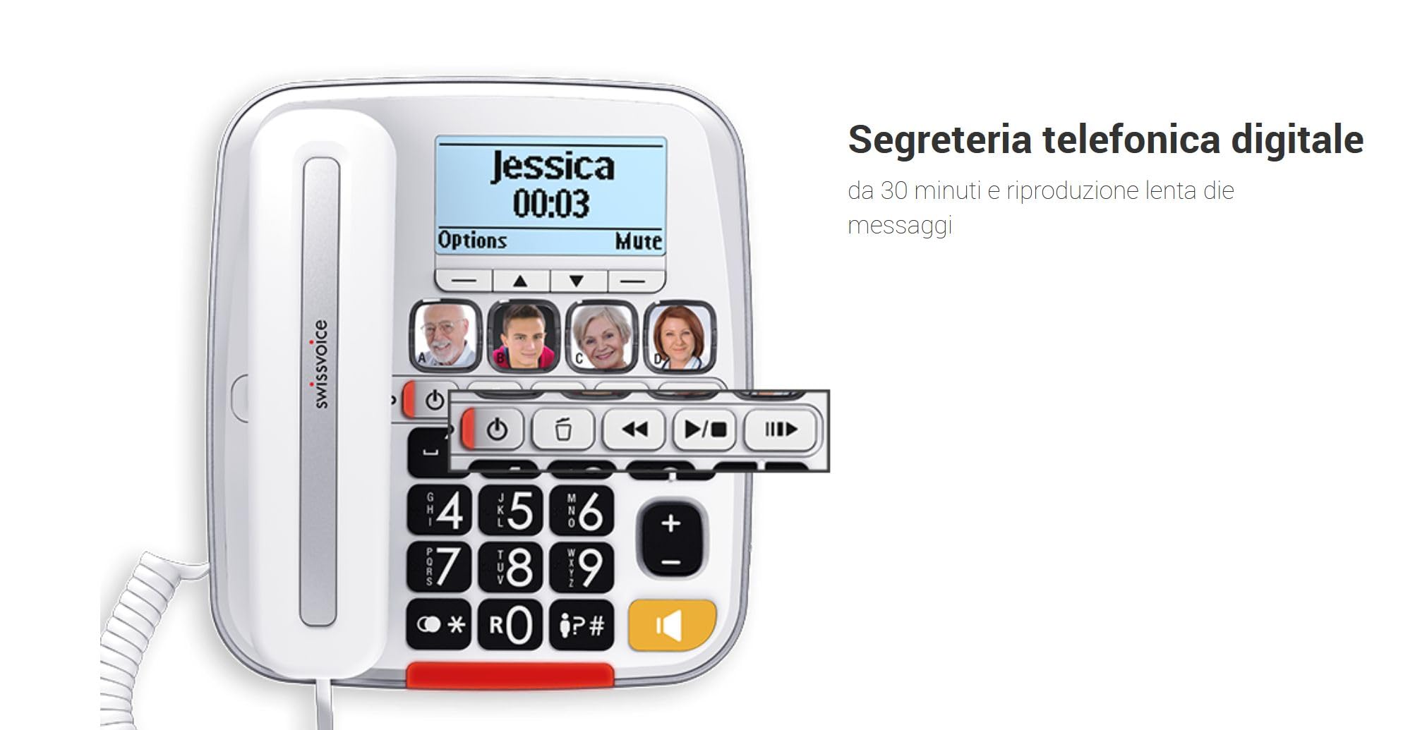 Swissvoice Telefono Combo per Anziani Cordless + Fisso Amplificato Suoneria Forte Volume Alto Vivavoce Tasti Grandi Parlanti Call Blocker Black List Blocco Chiamate Segreteria Apparecchi Acustici HAC