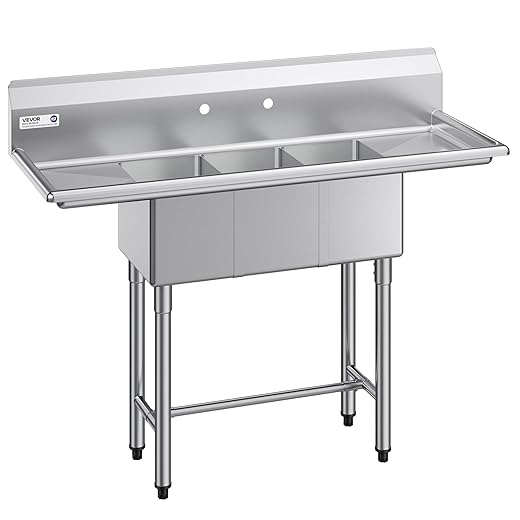 VEVOR 3 Compartment Sink, 18-Gauge 304 Stainless Steel, 10" x 14" x 10" Bowl Size, 3 Bay Commercial Kitchen Prep & Utility Sink with 2 Drainboards and Backsplash for Restaurant, Food Truck & Home Use