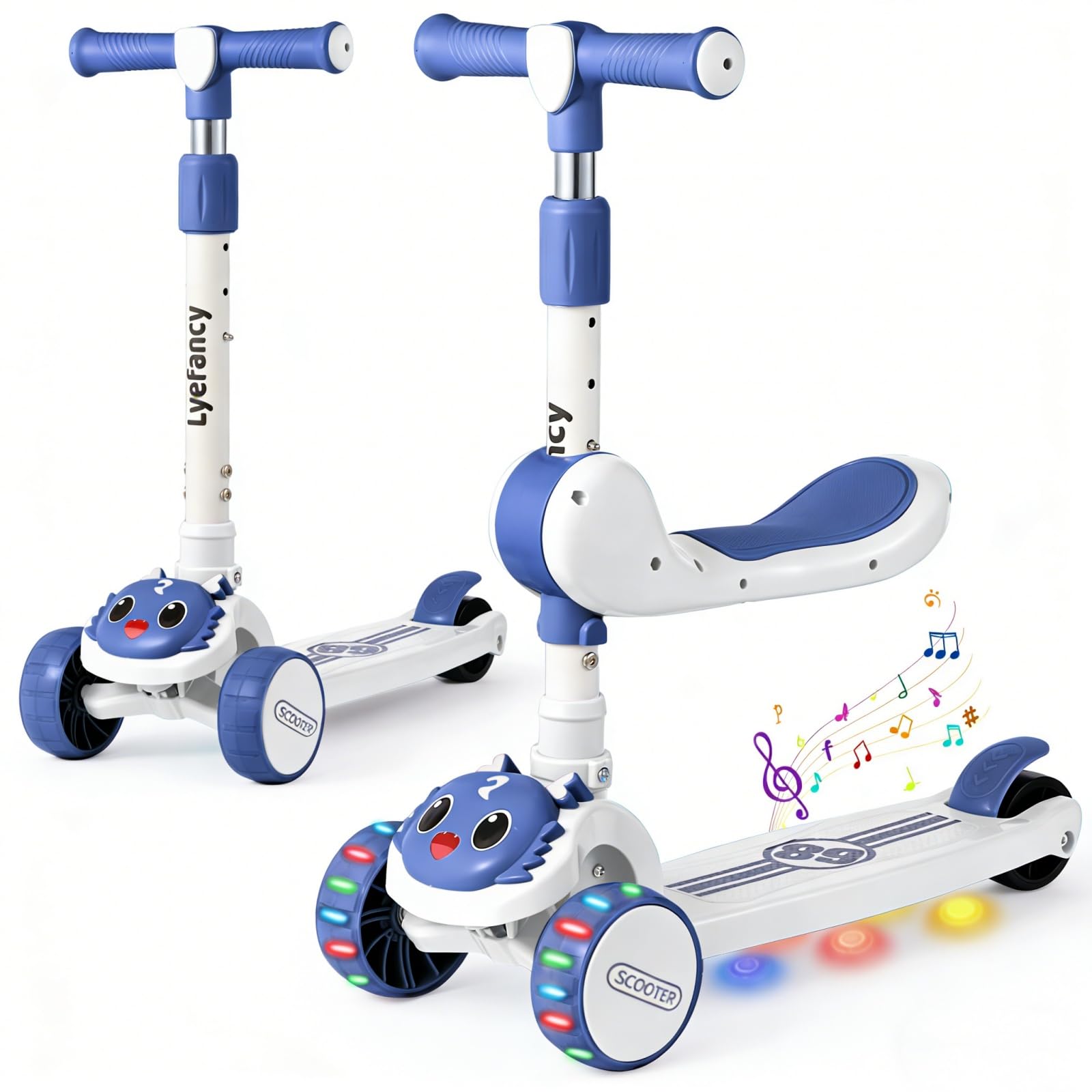 Patinete de 3 ruedas para niños de 2 a 8 años 2 en 1 con asiento desmontable, ruedas plegables con música y ruedas luminosas, altura ajustable, desplazable por cambio de peso