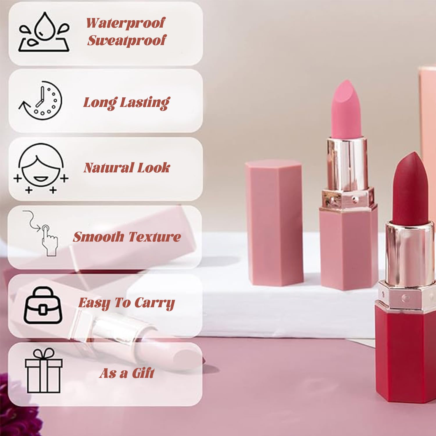 Matte Lipstick Set of 3, Long Lasting Velvet Lipstick In Peach - Image 4