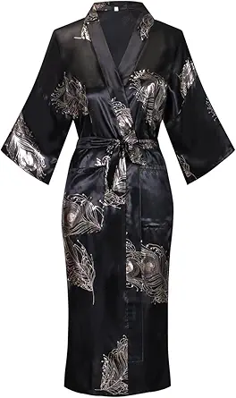 Women Long Silky Bathrobe Satin Kimono Robe Floral Printed Dressing Gown Sleepwear